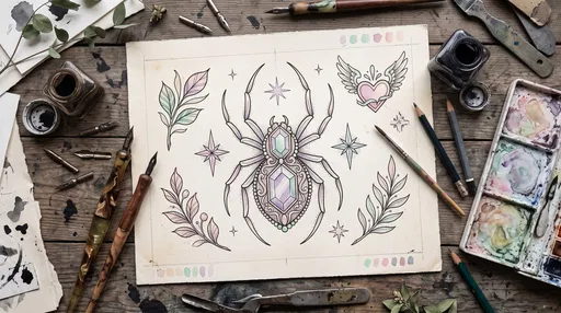Pastel Spider Tattoo Flash Flat Lay