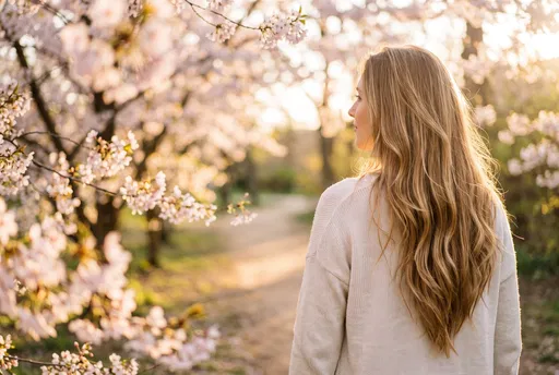 Blonde Woman in Spring Cherry Blossom Park