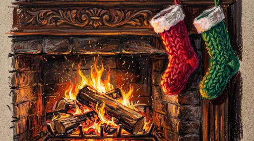 Oil Pastel Christmas Fireplace with Stockings