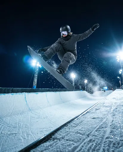 Snowboarder Jumping Above Night Halfpipe