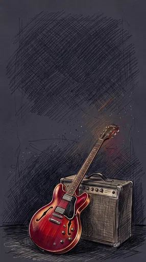 Red Semi-Hollow Guitar and Amplifier Sketch