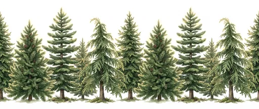 Botanical Evergreen Trees Panoramic Border Illustration