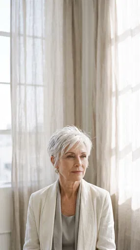 Mature Woman With Silver Pixie Cut