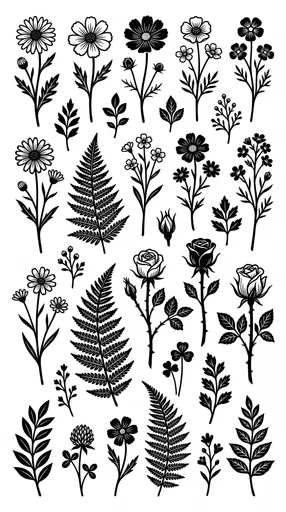 Black and White Botanical Clipart Set