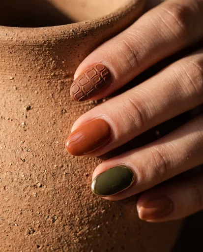 Earthy Autumn Manicure on Terracotta Pottery