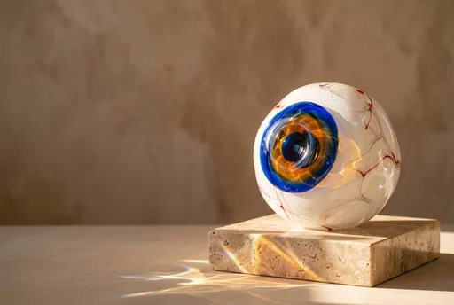 Hand-Blown Glass Eyeball Sculpture on Travertine