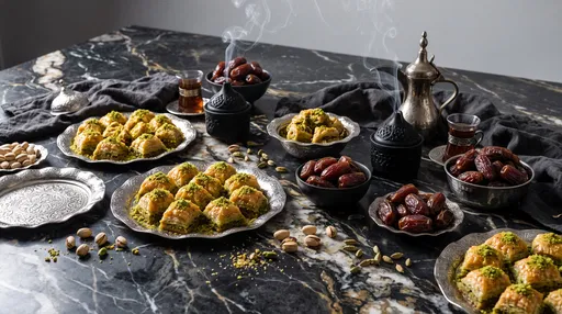 Baklava and Dates on Dark Marble