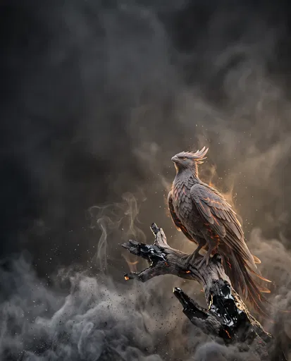 Ash Phoenix Perched on Charred Branch