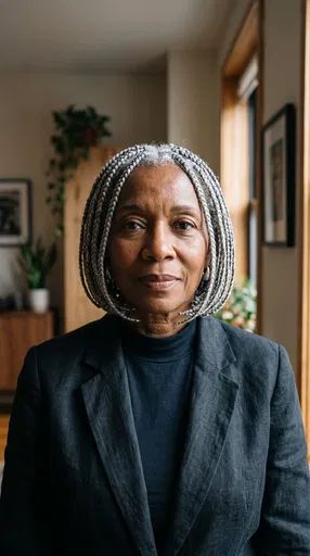 Senior Black Woman with Silver Braided Bob