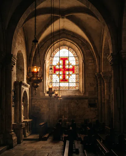 Stained Glass Jerusalem Cross in Stone Chapel