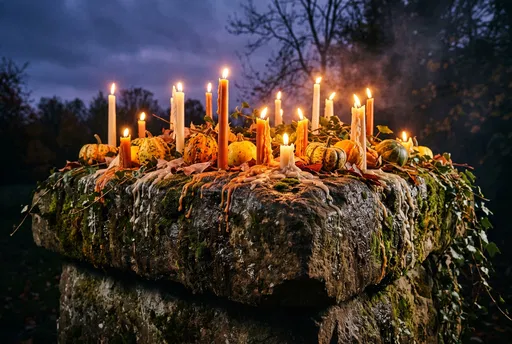 Candles and Gourds on Mossy Stone Altar