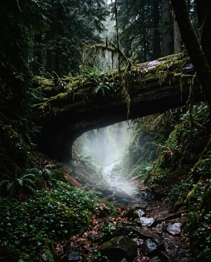 Misty Forest Ravine Under Fallen Log
