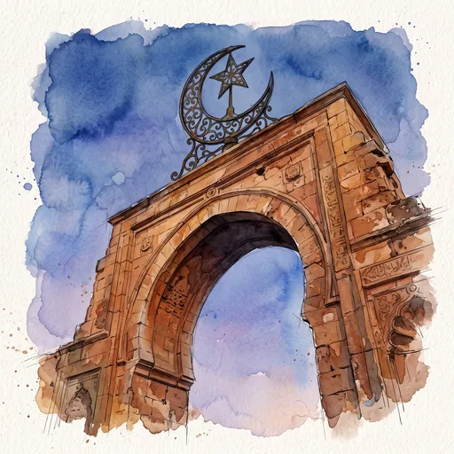 Watercolor Sandstone Archway with Crescent Emblem