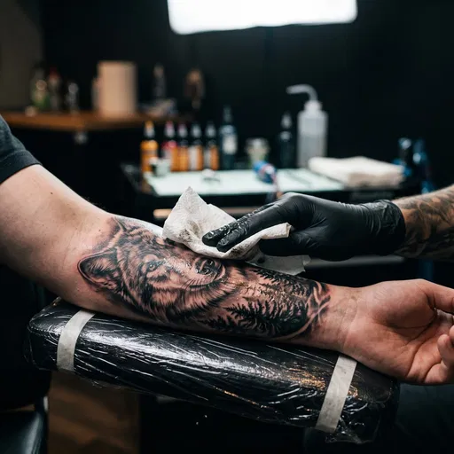 Artist Wiping Fresh Wolf Forearm Tattoo