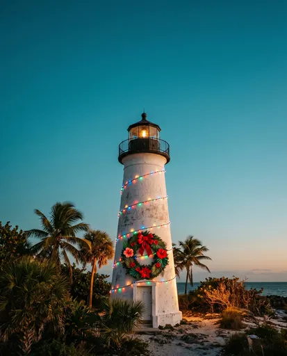 Tropical Lighthouse Decorated for Christmas at Twilight