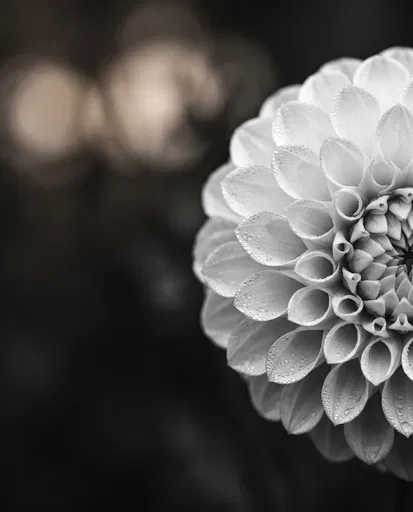 Monochrome Macro White Dahlia With Dewdrops
