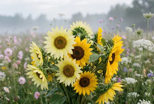 Yellow Sunflowers in Misty Morning Meadow