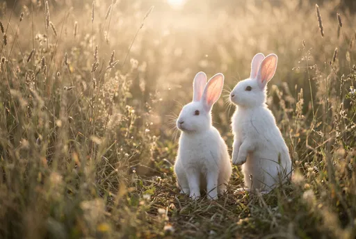 Two White Rabbits in Sunlit Meadow