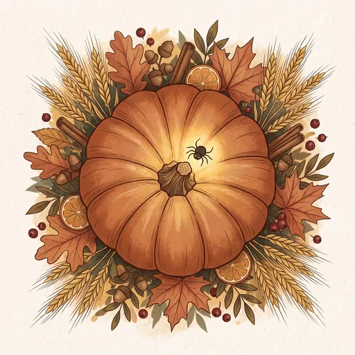 Autumn Pumpkin and Spider Flat Lay Illustration
