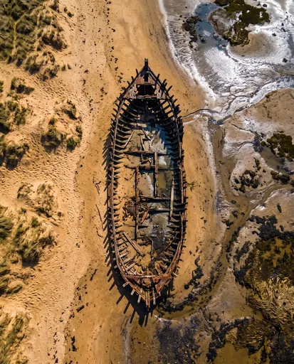 Aerial View of Wooden Shipwreck on Beach