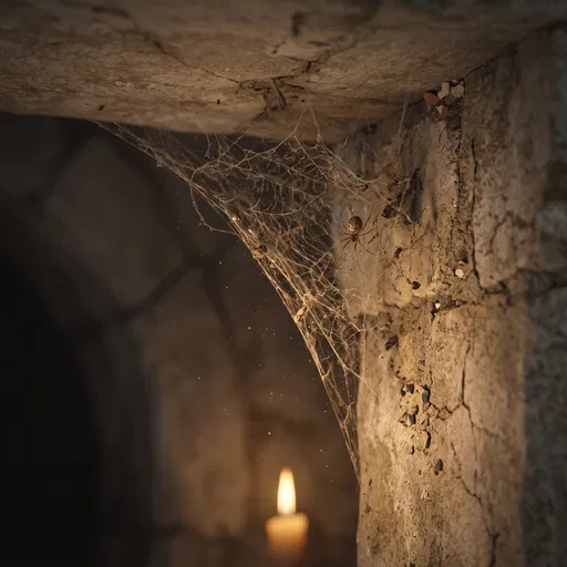 Cobweb and Spider in Candlelit Stone Corner