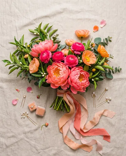Vibrant Coral and Pink Bridal Bouquet Flat Lay