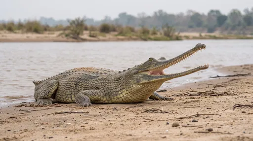 Gharial Resting on Sandy Riverbank