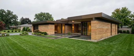 Modern Rammed Earth House on Suburban Lawn