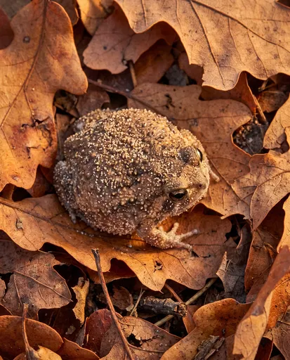Sand-Dusted Round Frog on Oak Leaves