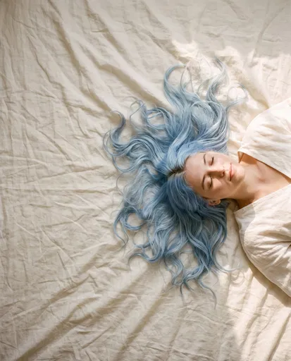 Woman With Pastel Blue Hair on Linen