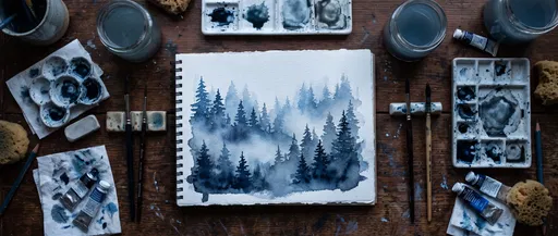 Watercolor Pine Forest Painting Flat Lay
