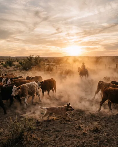 Red Heeler Herding Cattle at Sunset
