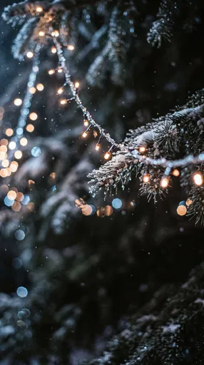 Frosty Pine Branches with Glowing Fairy Lights