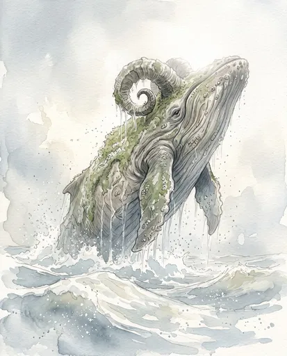 Watercolor Illustration of Horned Mossy Whale