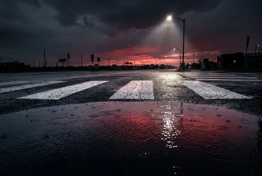 Wet Crosswalk and Puddle at Dusk