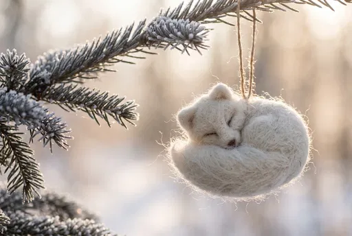 Felted White Fox Ornament on Frosted Branch