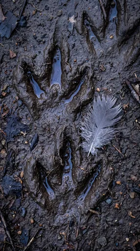 Three-Toed Bird Tracks and Feather in Mud