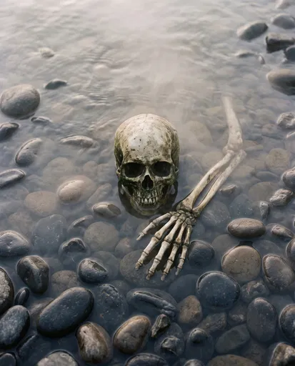 Weathered Skull and Skeleton Hand in Water