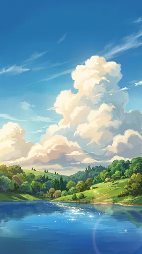 Anime Summer Lake and Cumulus Clouds