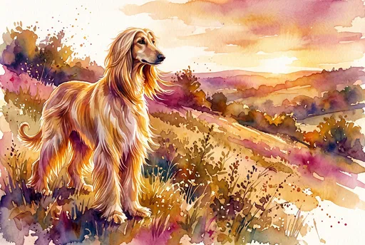 Watercolor Afghan Hound on Sunset Hillside