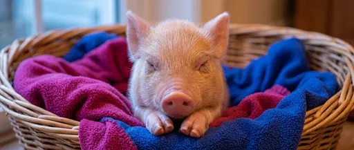 Piglet Sleeping in Fleece Lined Basket