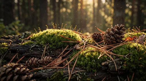 Sunlit Moss and Pinecones on Log