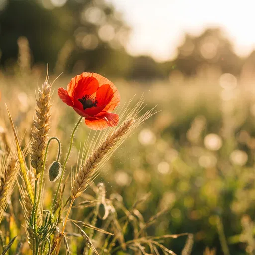 Backlit Red Poppy and Golden Wheat