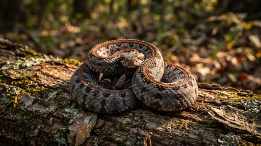 Coiled Pygmy Rattlesnake on Mossy Log