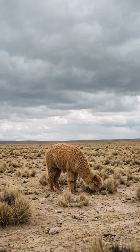 Tawny Alpaca Grazing on Arid Plain