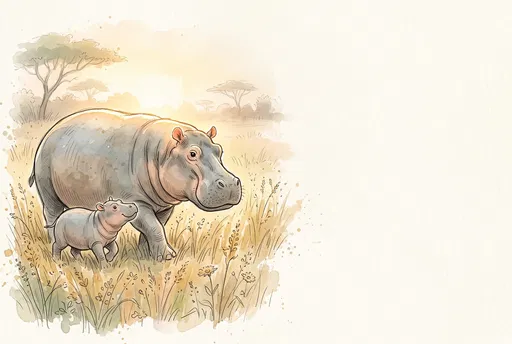 Watercolor Mother Hippo and Calf Illustration