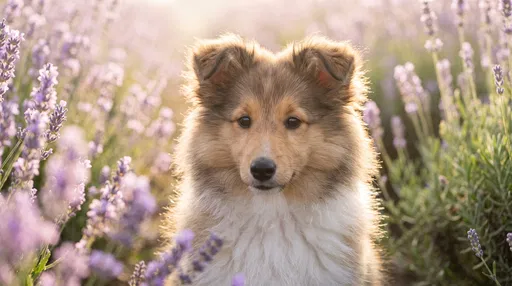 Shetland Sheepdog Puppy in Lavender Field
