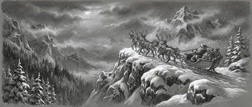 Pencil Drawing of Santa Sleigh on Mountain