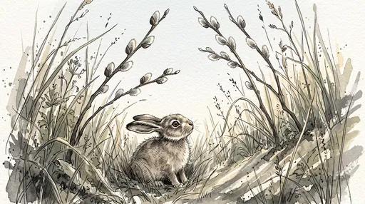 Watercolor Hare Among Pussy Willows