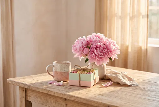 Pink Peonies, Mug, and Macarons on Table